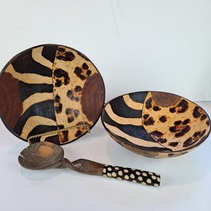 2 African Folk Art Handmade Wooden Bowls & Utensil w/Bone Handle